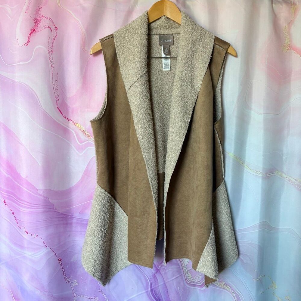 Chico's L Reversible Tan Cream Open Vest Faux Suede Preppy Luxury Western Classy